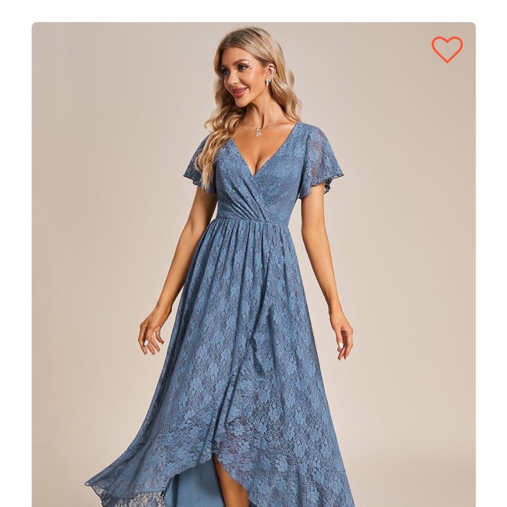 Dusty Blue Pleated V-Neck Short Sleeve Ruffled Lace Wedding Guest Dress